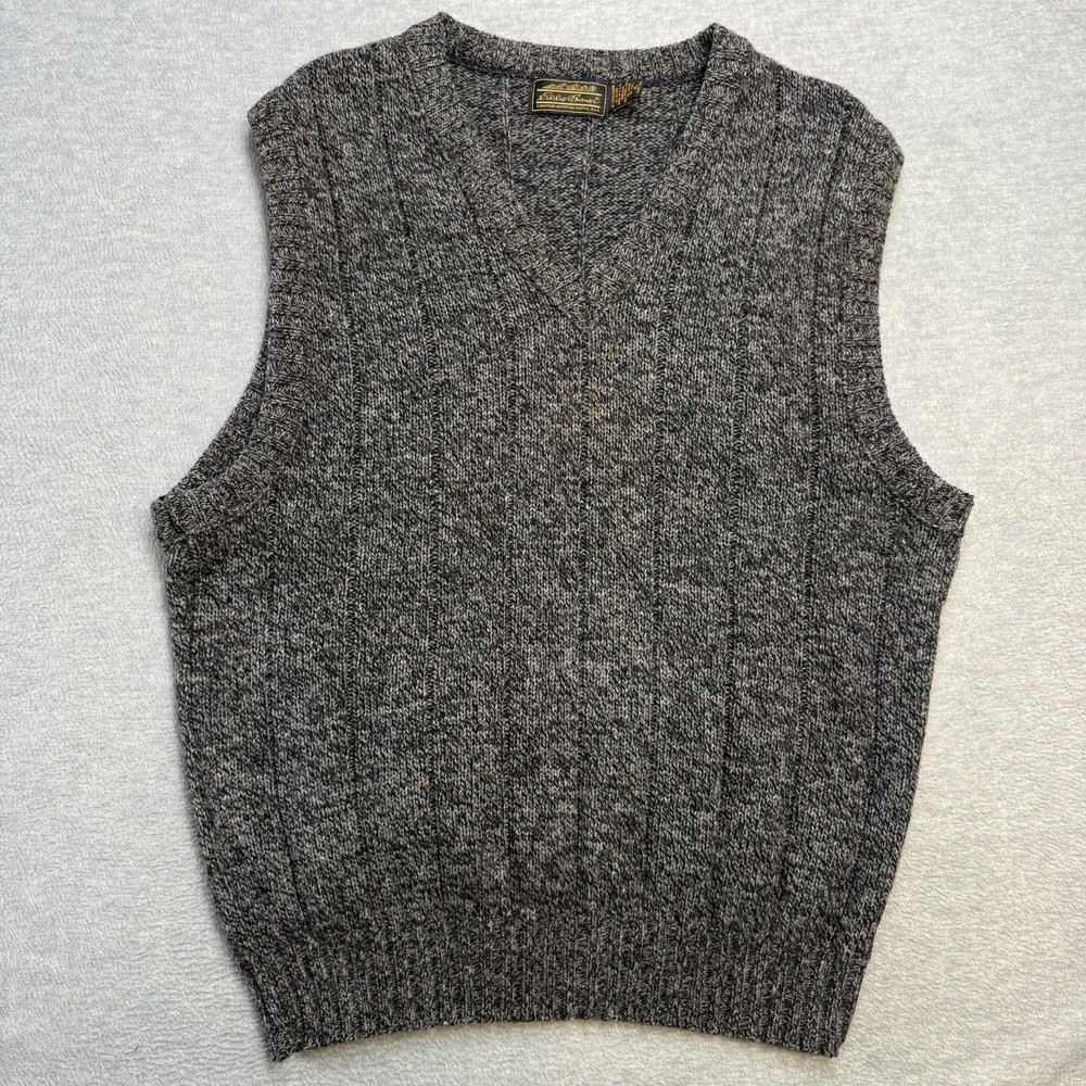 Vintage Eddie Bauer Sweater Vest Mens XL Gray Marled Chunky Knit Wool USA Made